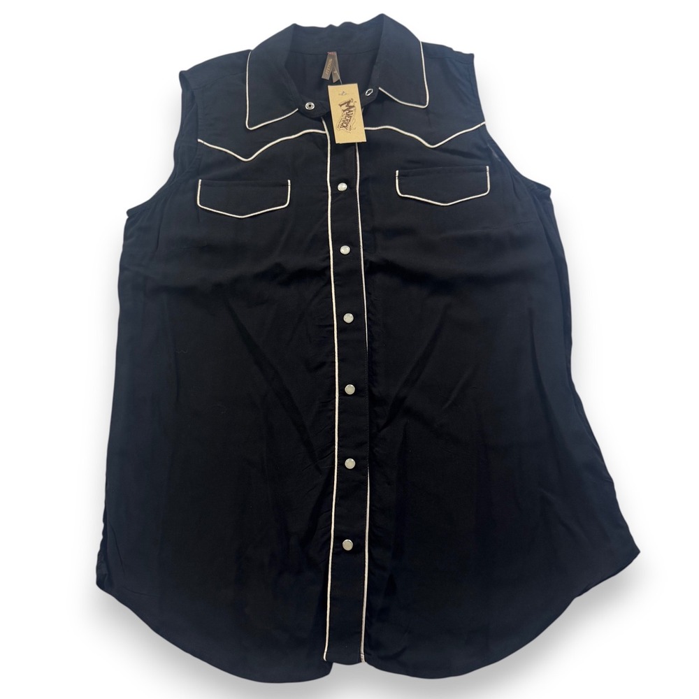 Vintage Stetson Womens Blk Sleeveless Western Snap Shirt White Piping Medium NWT